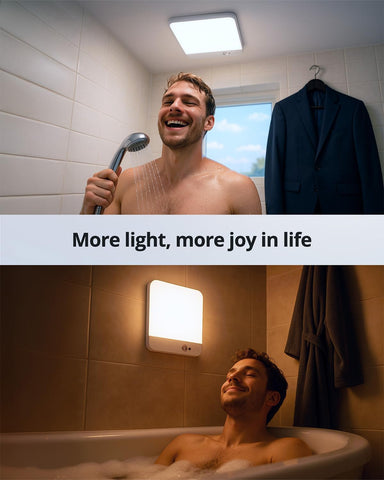 Man showering with a light above him and another man relaxing in a bath with a light on the wall.
