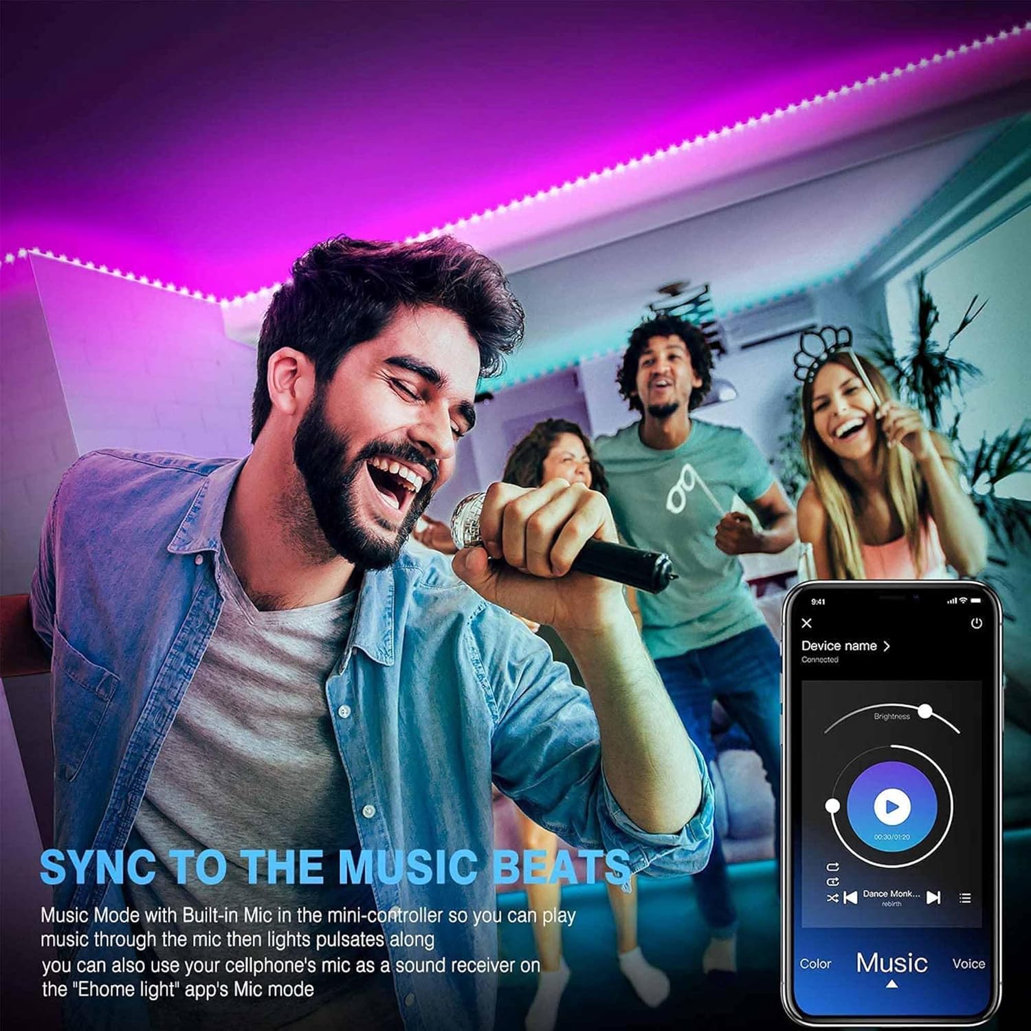 Man singing into a microphone with friends in the background, smartphone app displayed on screen.