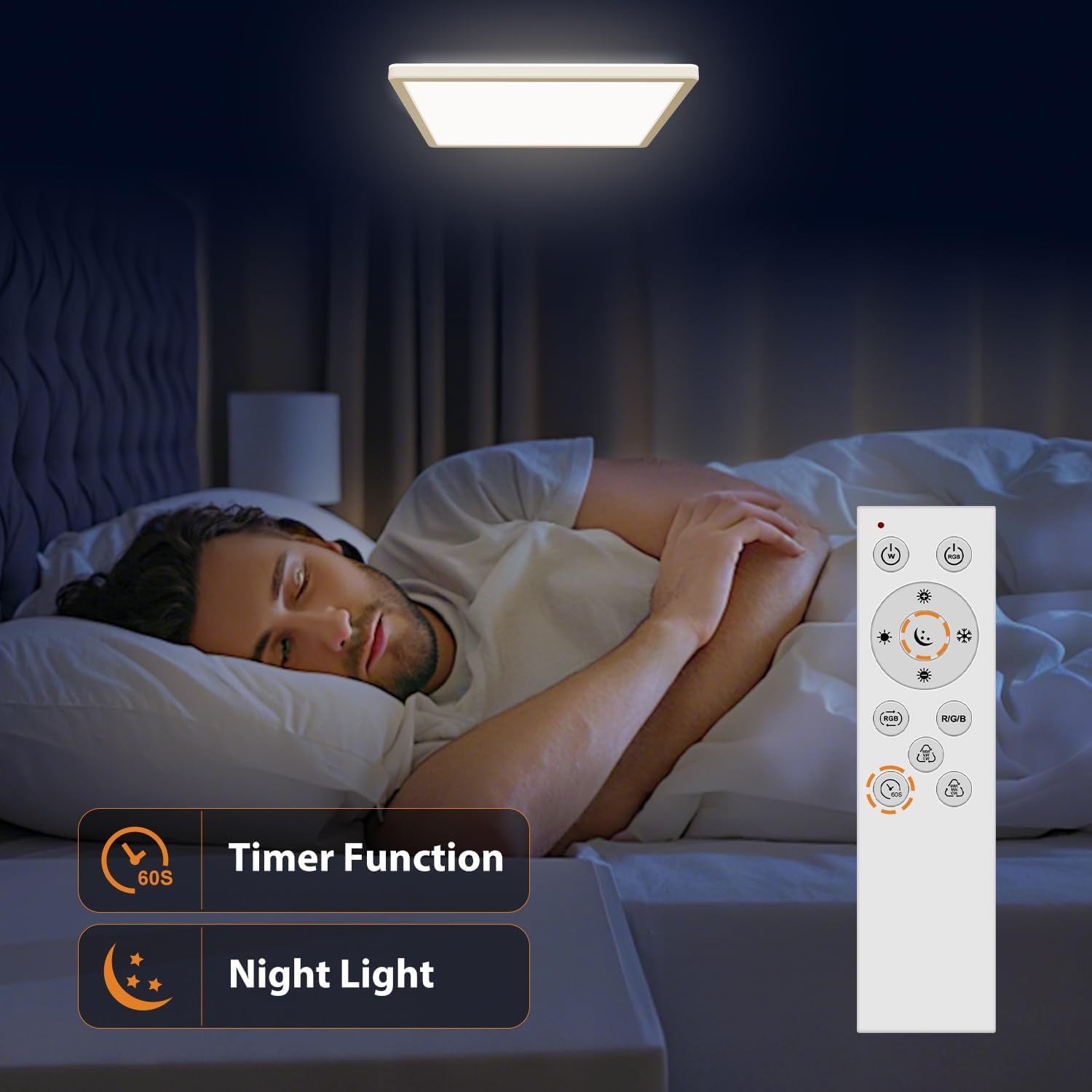 Man sleeping in bed with a ceiling light and remote control in a dark room
