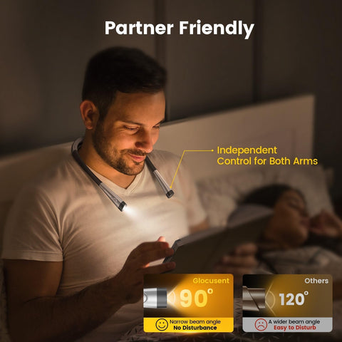Man using a flashlight with text highlighting 'Partner Friendly' and product features.