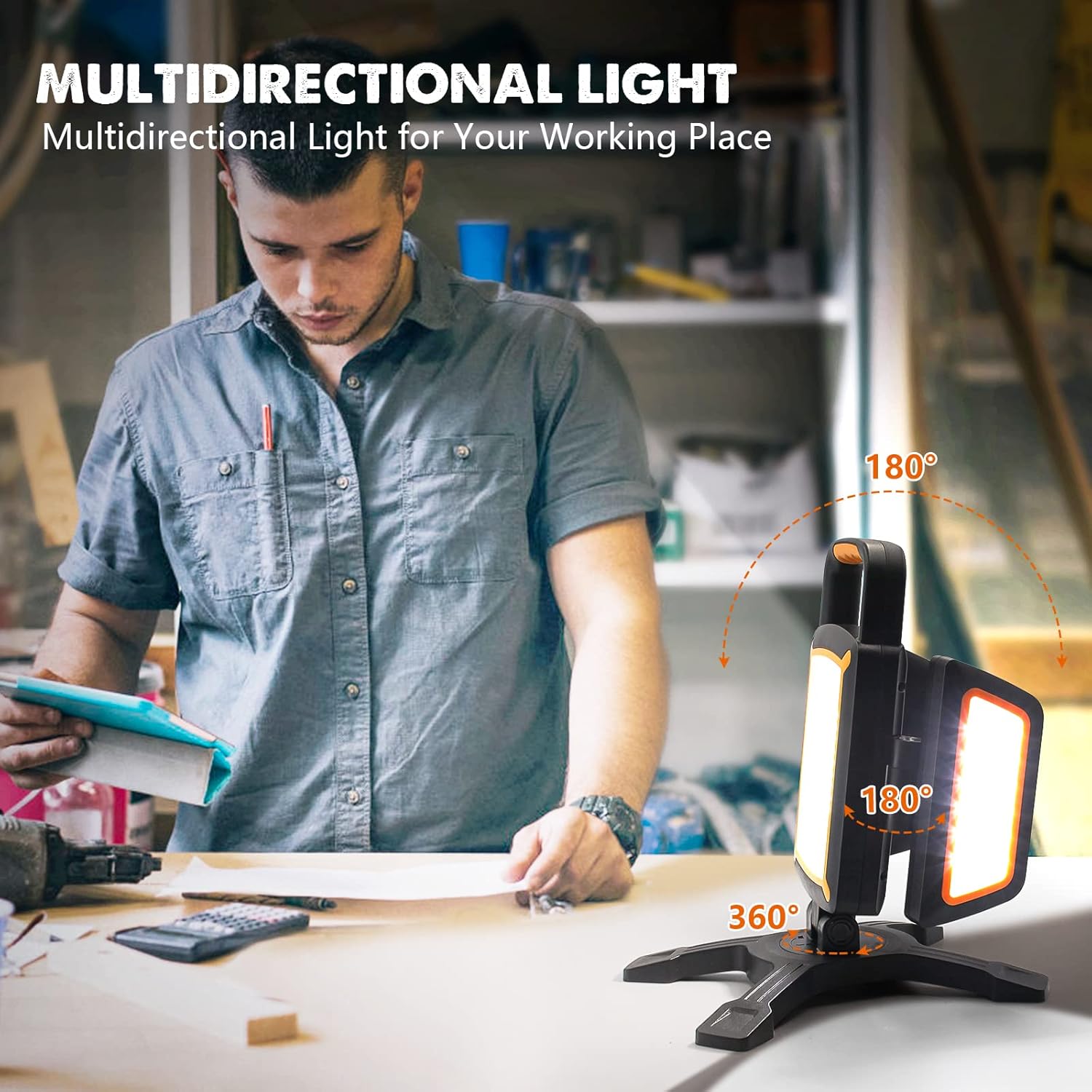 Man using a multidirectional light in a workshop setting