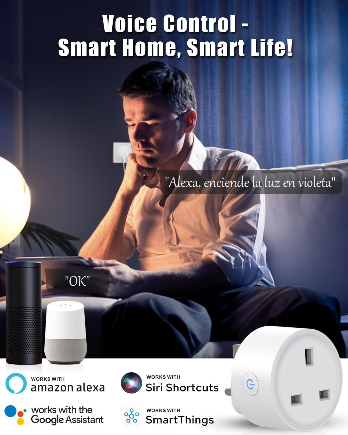 Man using voice control with smart home devices on a dark background