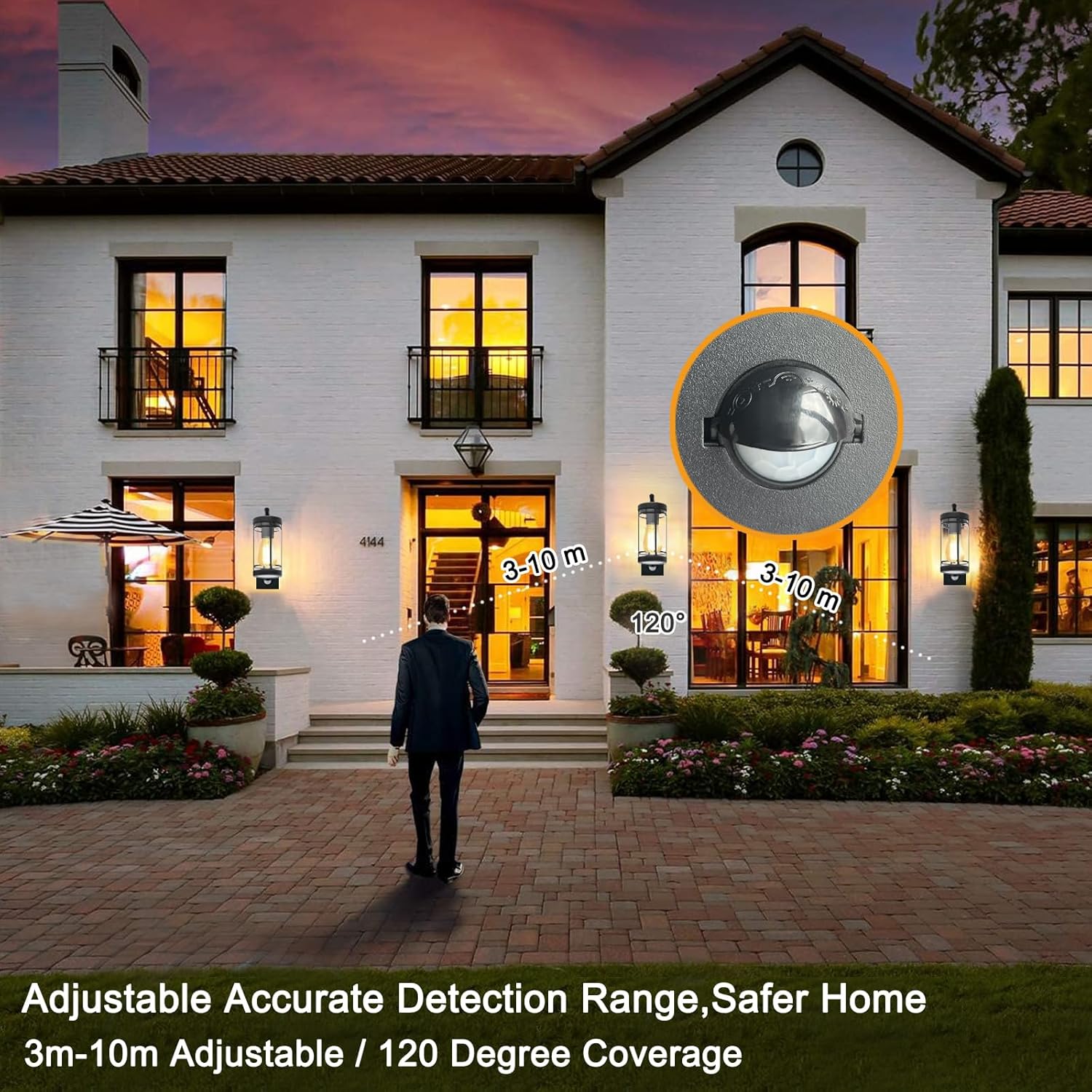 Man walking towards a house with security camera focus on detection range, adjustable accurate detection range, safer home.
