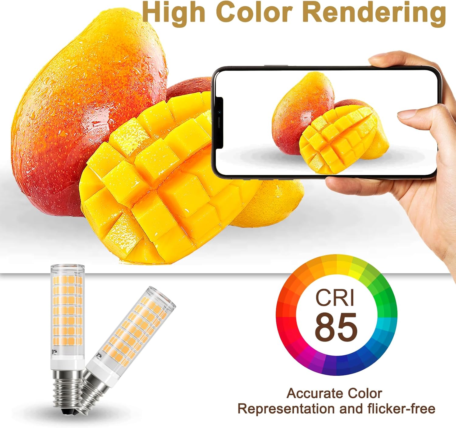 Mangoes with a smartphone showing a close-up, LED light bulbs, and a color rendering index on a white background.