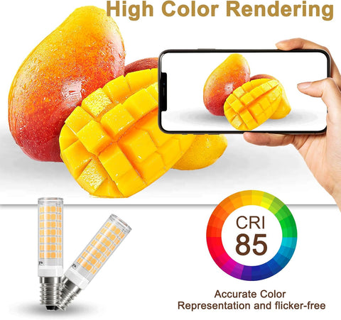 Mangoes with a smartphone showing a close-up, LED light bulbs, and a color rendering index on a white background.