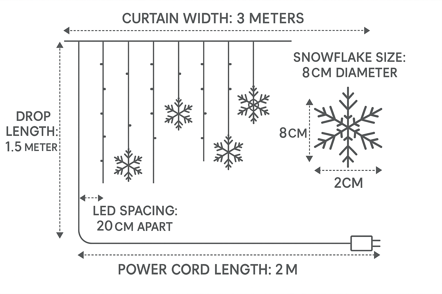 Measurement chart for snowflake decorations with dimensions labeled.