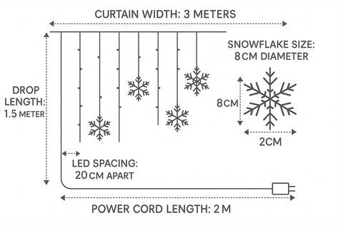 Measurement chart for snowflake decorations with dimensions labeled.