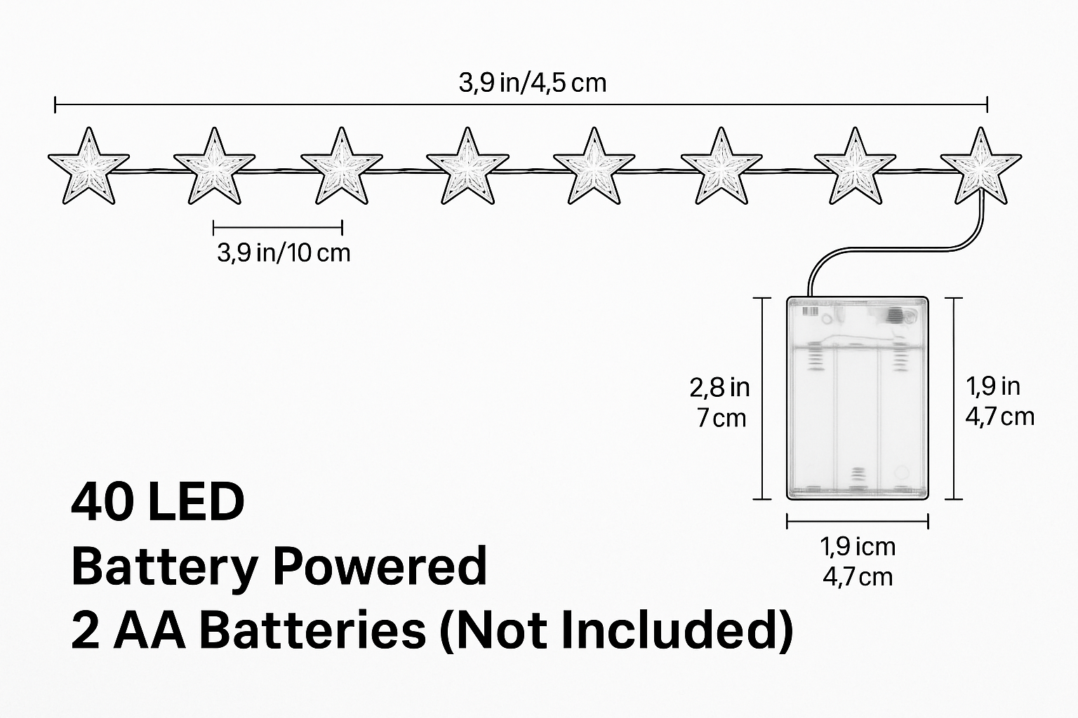 Measurement chart of LED star string lights with battery pack dimensions on a white background.