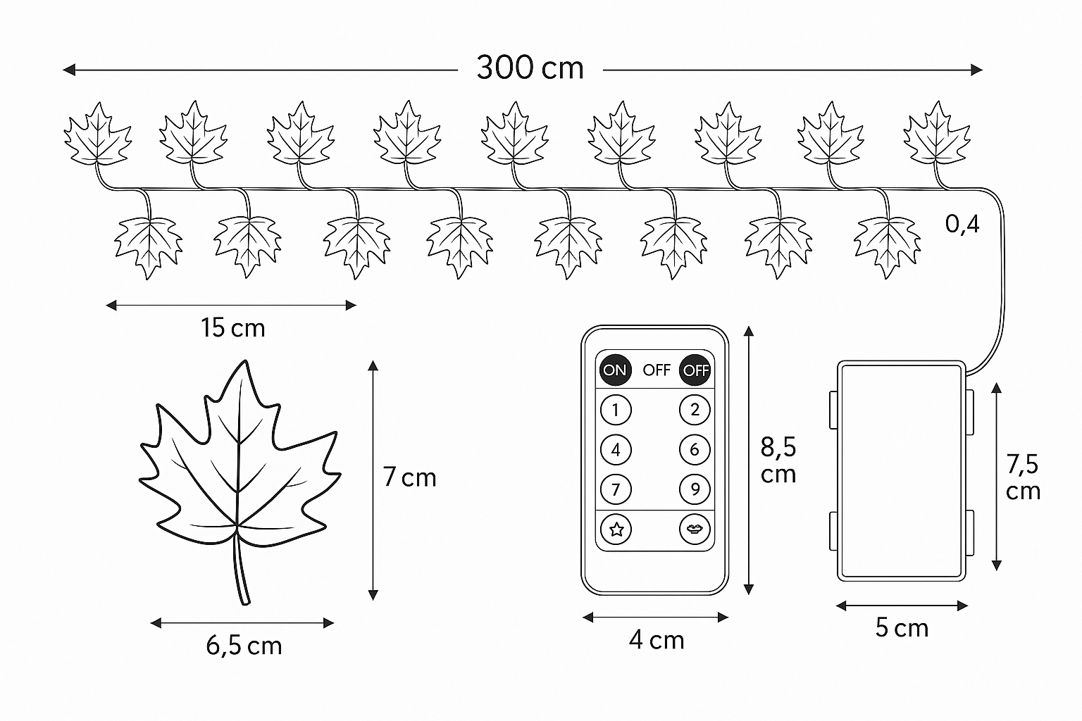Measurement chart of a decorative leaf strip with remote control and switch.