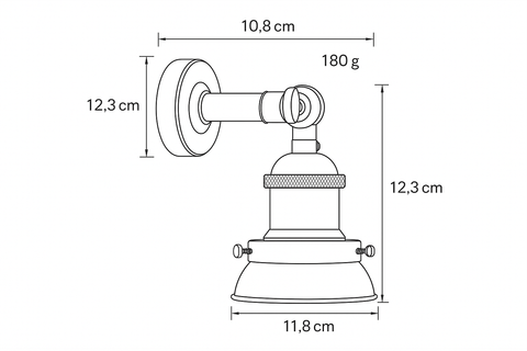 Measurement chart of a lamp with dimensions in centimeters and grams on a white background