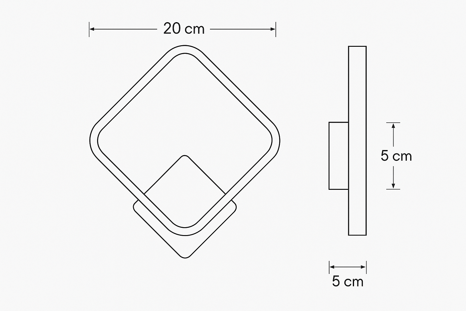 Measurement chart of a square object with dimensions labeled