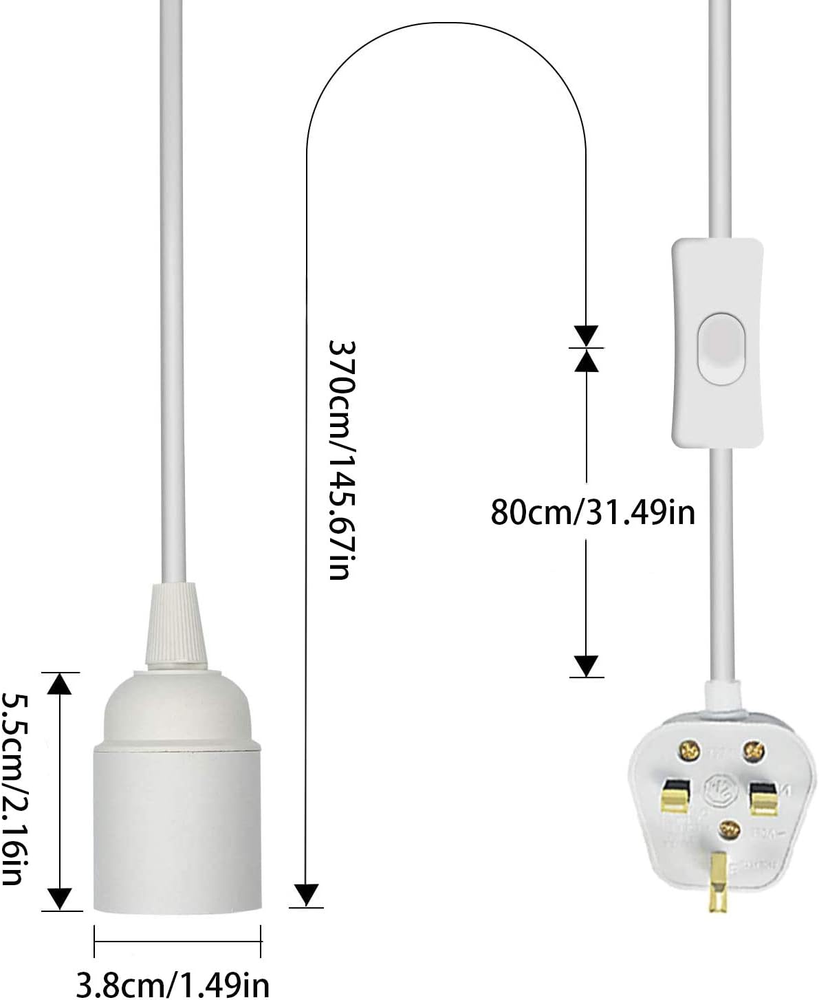 Measurement chart of a white electrical plug and socket with dimensions labeled.
