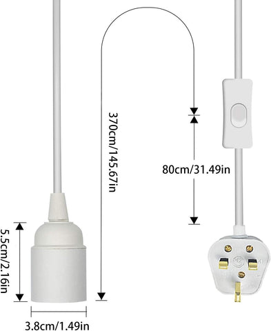 Measurement chart of a white electrical plug and socket with dimensions labeled.