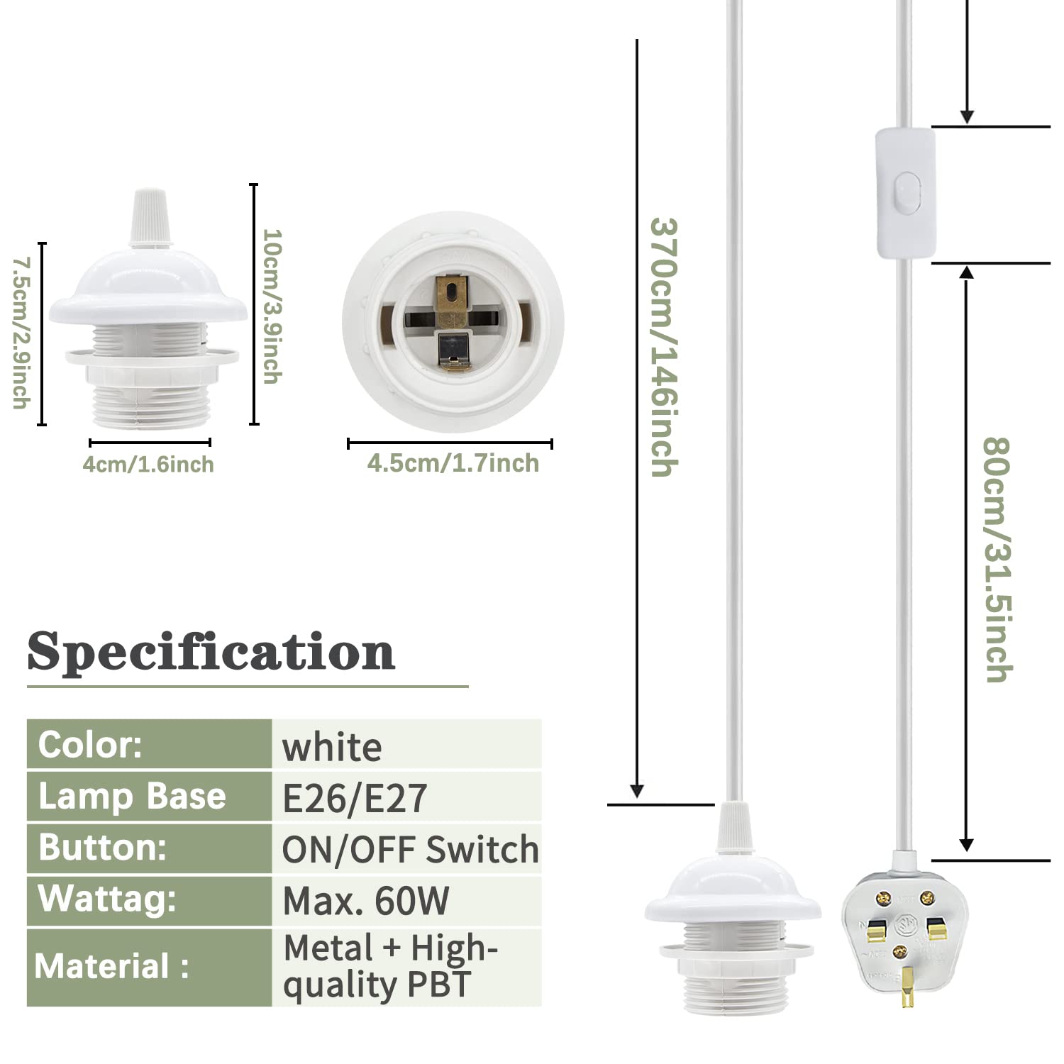 Measurement chart of a white light bulb holder with dimensions and specifications.
