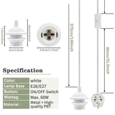 Measurement chart of a white light bulb holder with dimensions and specifications.