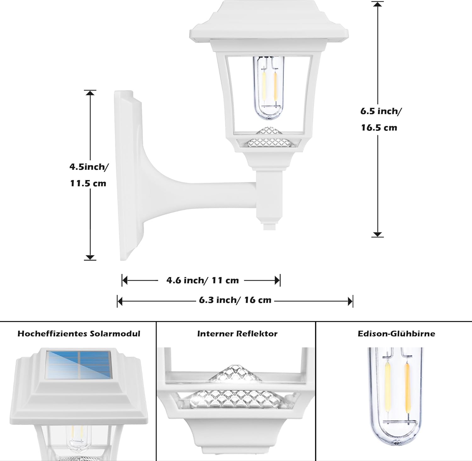 Measurement chart of a white outdoor wall light fixture with dimensions and features highlighted.
