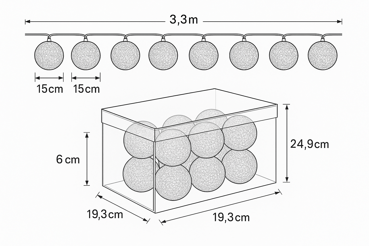Measurement chart of decorative balls with dimensions on a white background