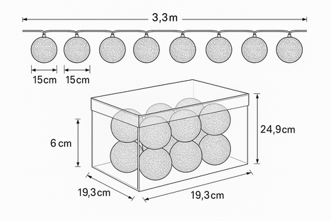 Measurement chart of decorative balls with dimensions on a white background