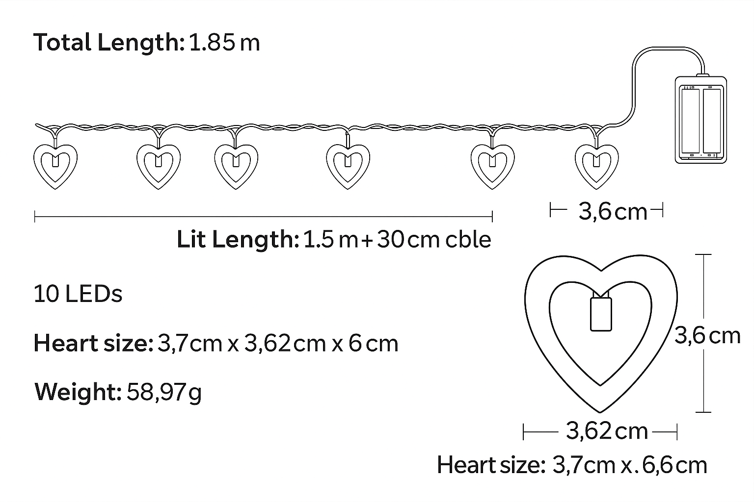 Measurement chart of heart-shaped LED string lights with dimensions and specifications.