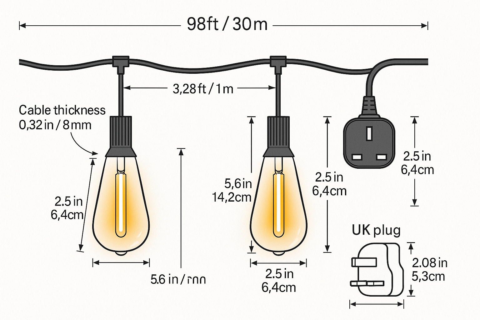 Measurement chart of outdoor string lights with cable thickness, bulb dimensions, and plug details.