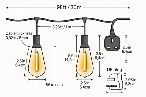 Measurement chart of outdoor string lights with cable thickness, bulb dimensions, and plug details.