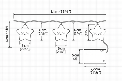 Measurement chart of star-shaped decorations with dimensions on a grid background