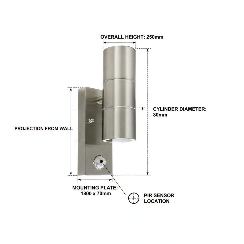 Measurement diagram of a stainless steel wall-mounted light fixture with dimensions labeled.