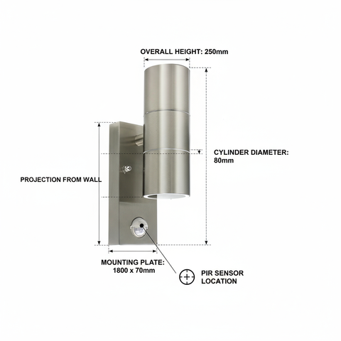 Measurement diagram of a stainless steel wall-mounted light fixture with dimensions labeled.