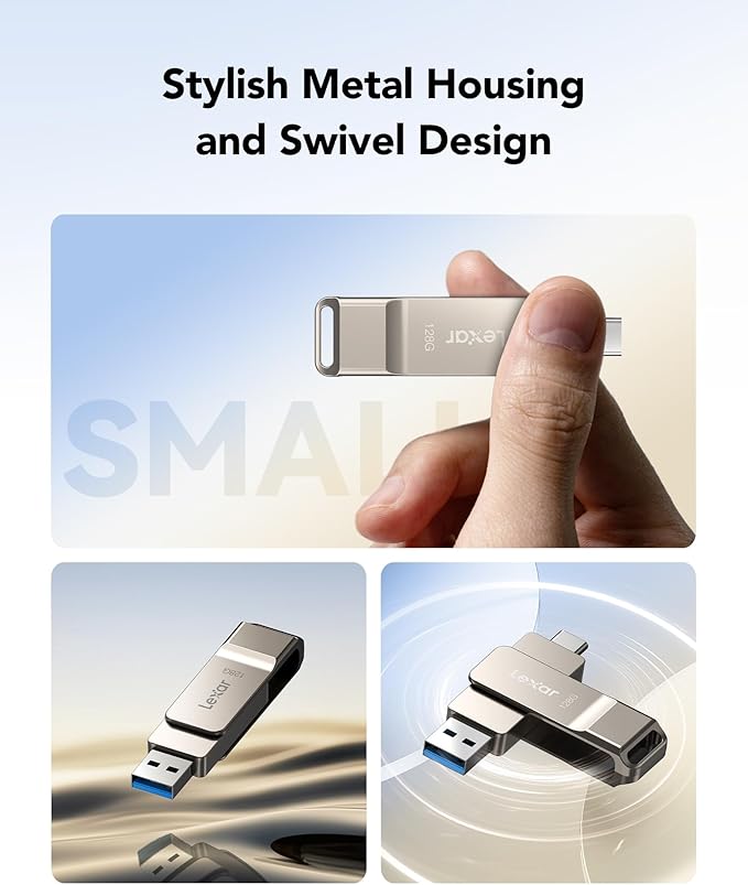 Metal USB device with swivel design held by a hand, with 'SMA' branding.