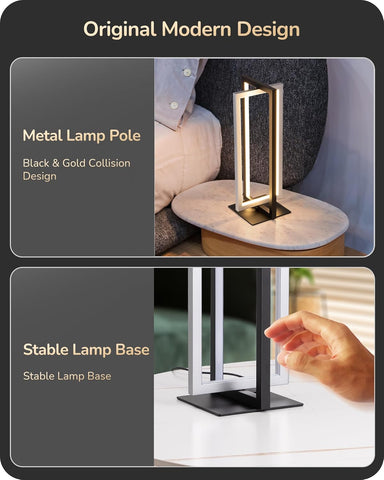 Metal lamp pole with black and gold collision design on a marble base, shown in a living room setting.