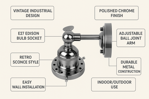 Metal sconce with features listed on a beige background