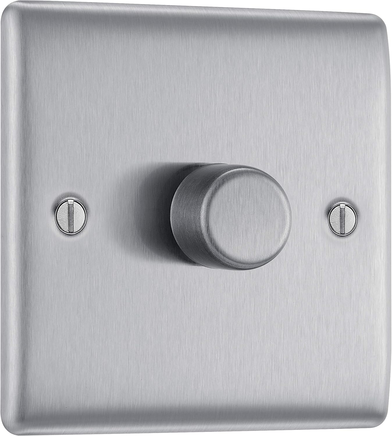 Metallic dimmer switch with a knob on a brushed metal background
