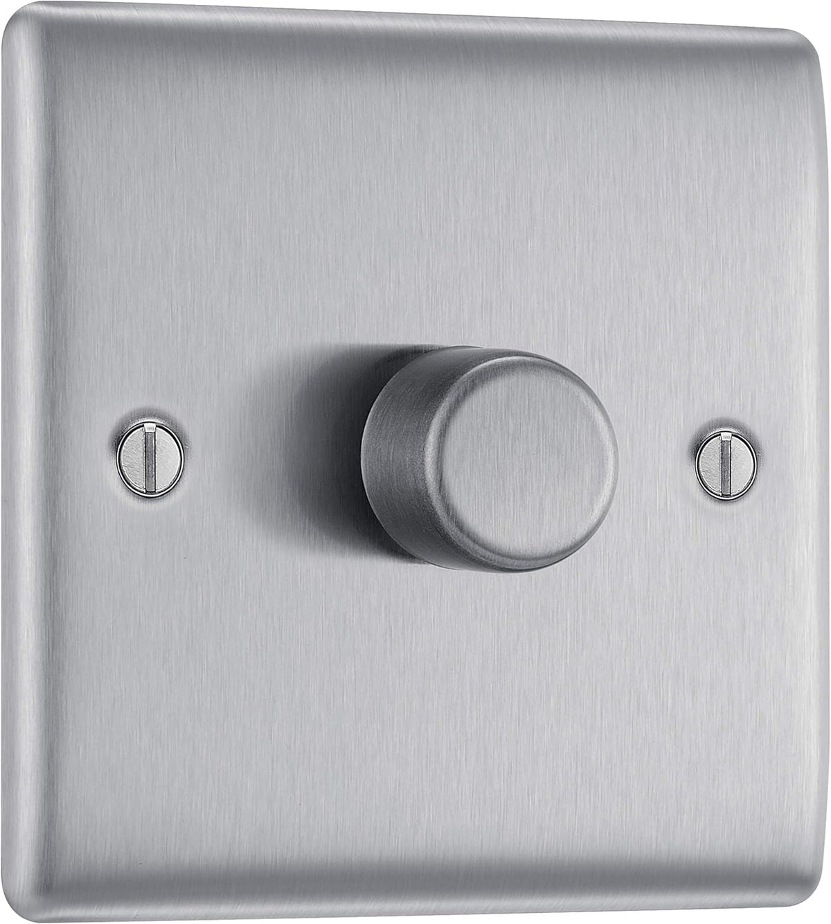 Metallic dimmer switch with a knob on a brushed metal background