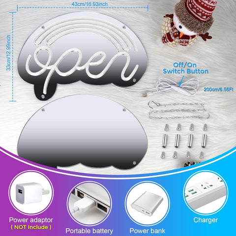Metallic 'open' sign with components and accessories on a white background
