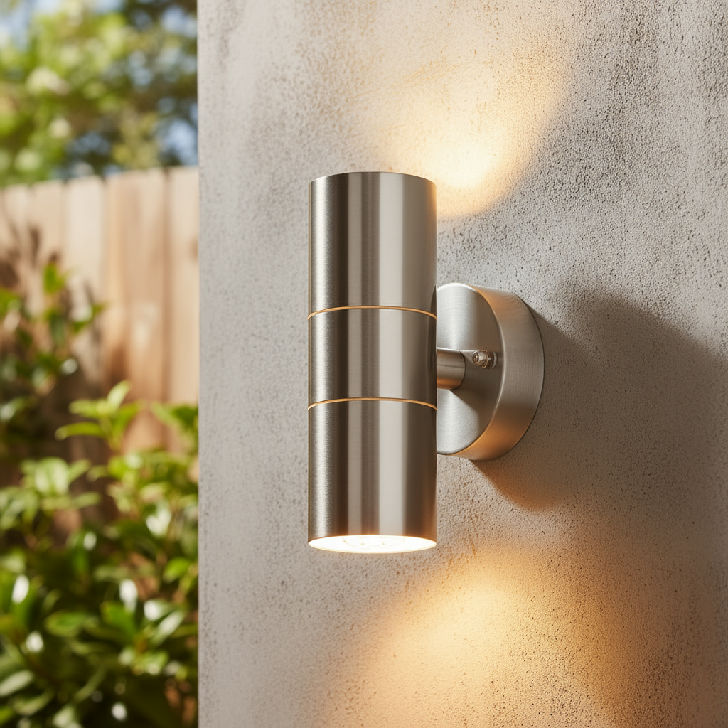Metallic outdoor wall light fixture on a wooden surface with a night-time background.