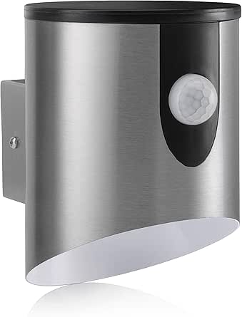 Metallic outdoor wall light fixture with motion sensor on a white background