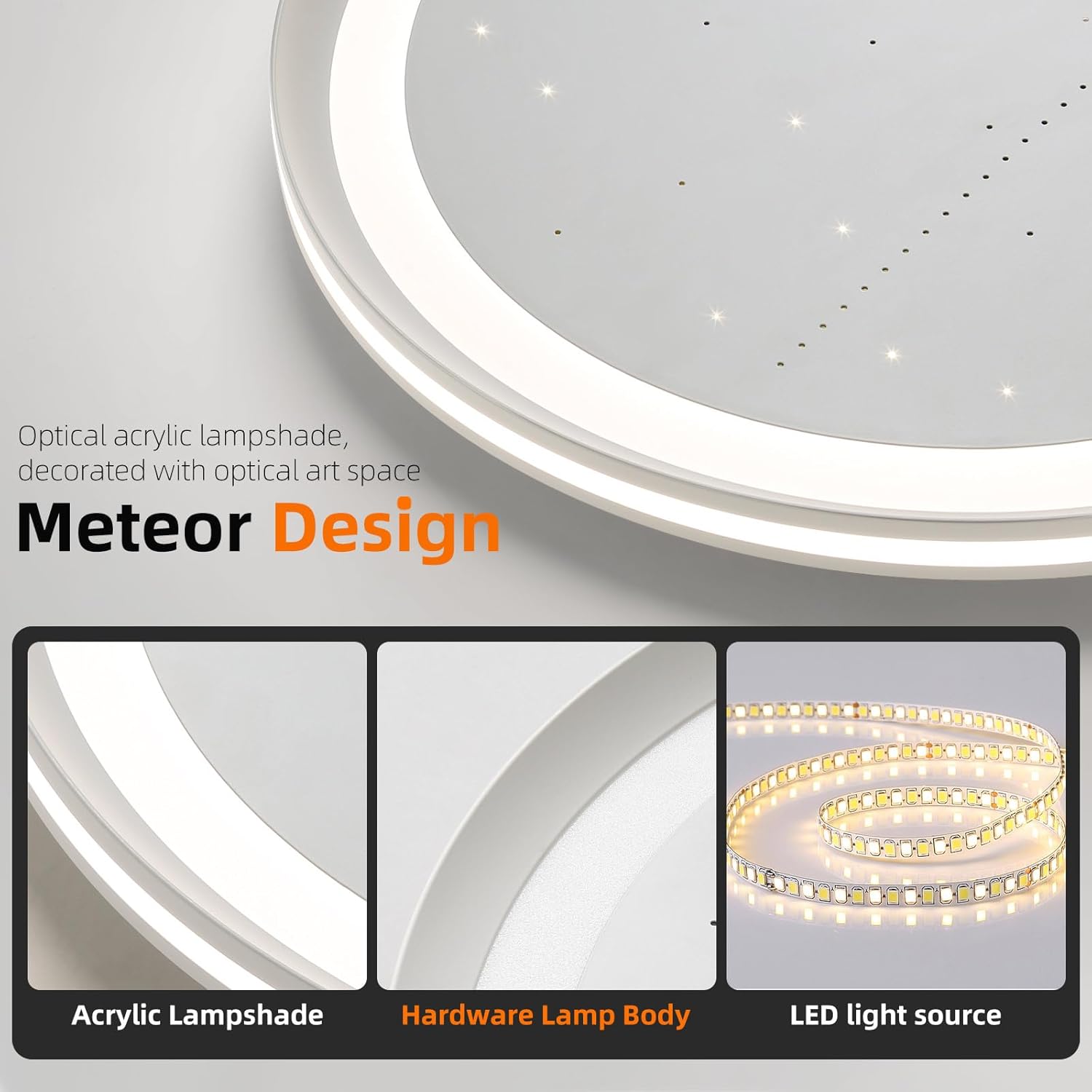 Meteor Design lamp with acrylic lampshade, hardware body, and LED light source on a gray background.
