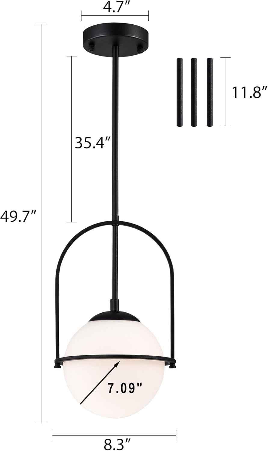 Mid Century Black Pendant Light with 18cm Milk Glass Globe | E14 Pendant Ceiling Light for Kitchen, Dining Room & Bedroom