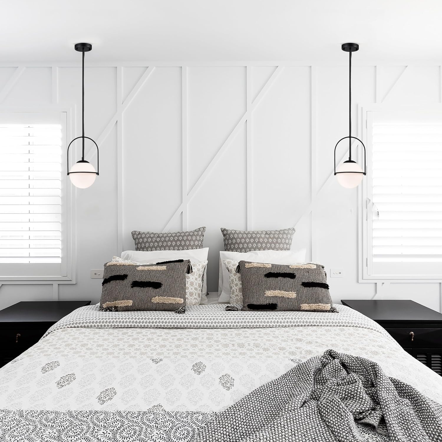 Mid Century Black Pendant Light with 18cm Milk Glass Globe | E14 Pendant Ceiling Light for Kitchen, Dining Room & Bedroom