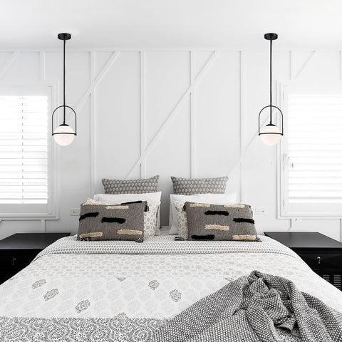 Mid Century Black Pendant Light with 18cm Milk Glass Globe | E14 Pendant Ceiling Light for Kitchen, Dining Room & Bedroom