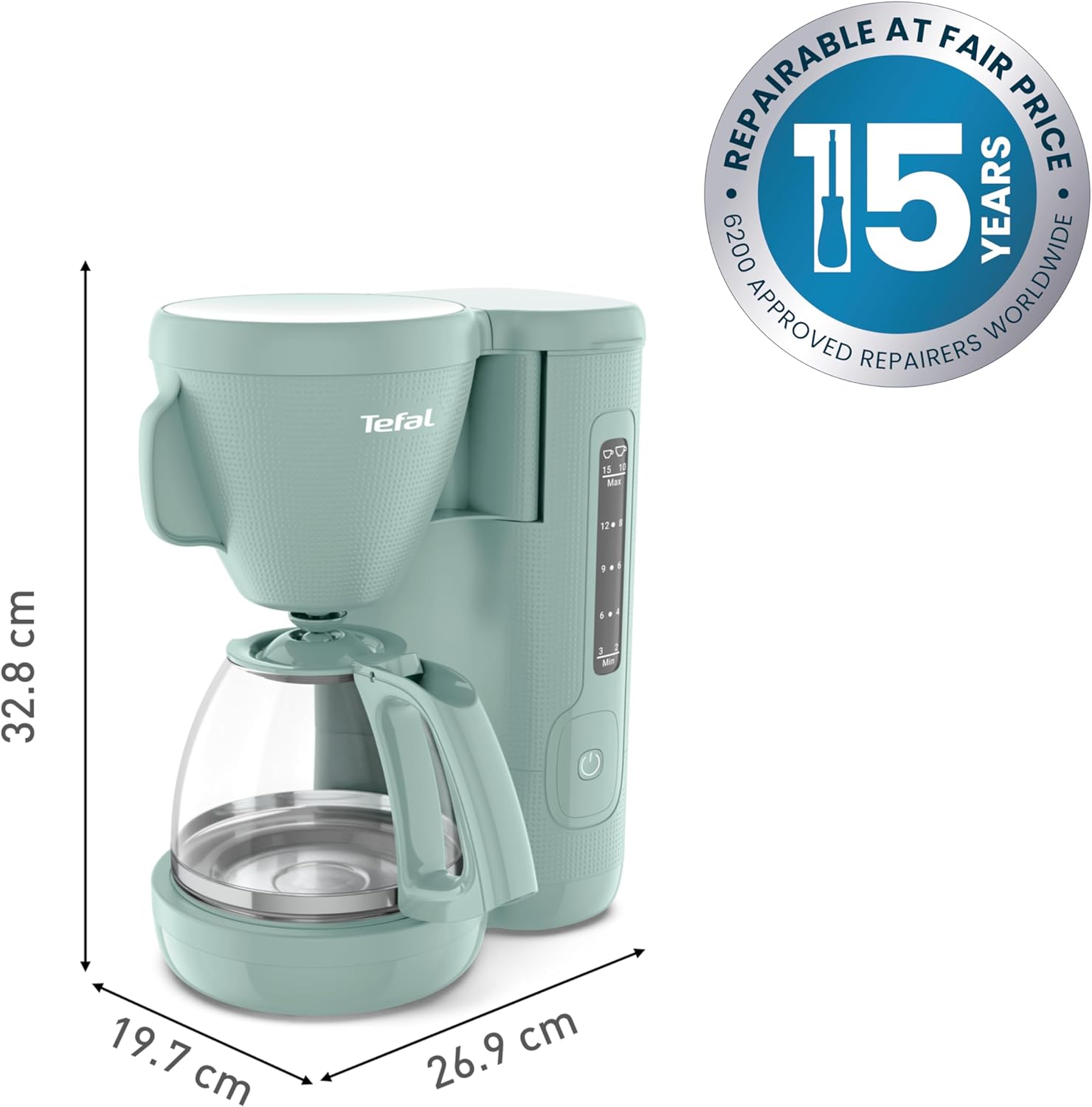 Mint green Tefal coffee maker with dimensions and repairable at fair price guarantee badge on a white background
