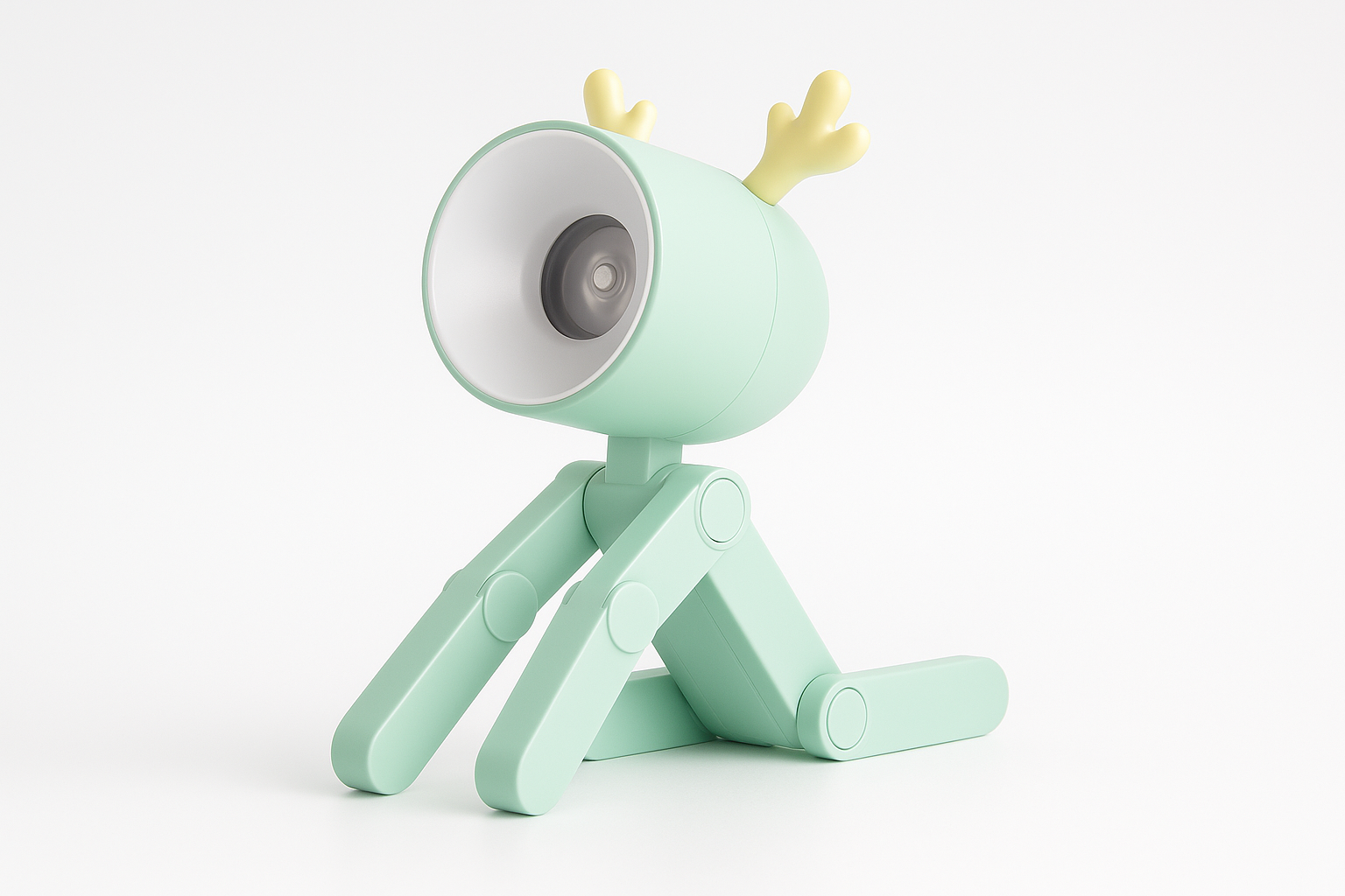 Mint green robot toy with a megaphone on a white background