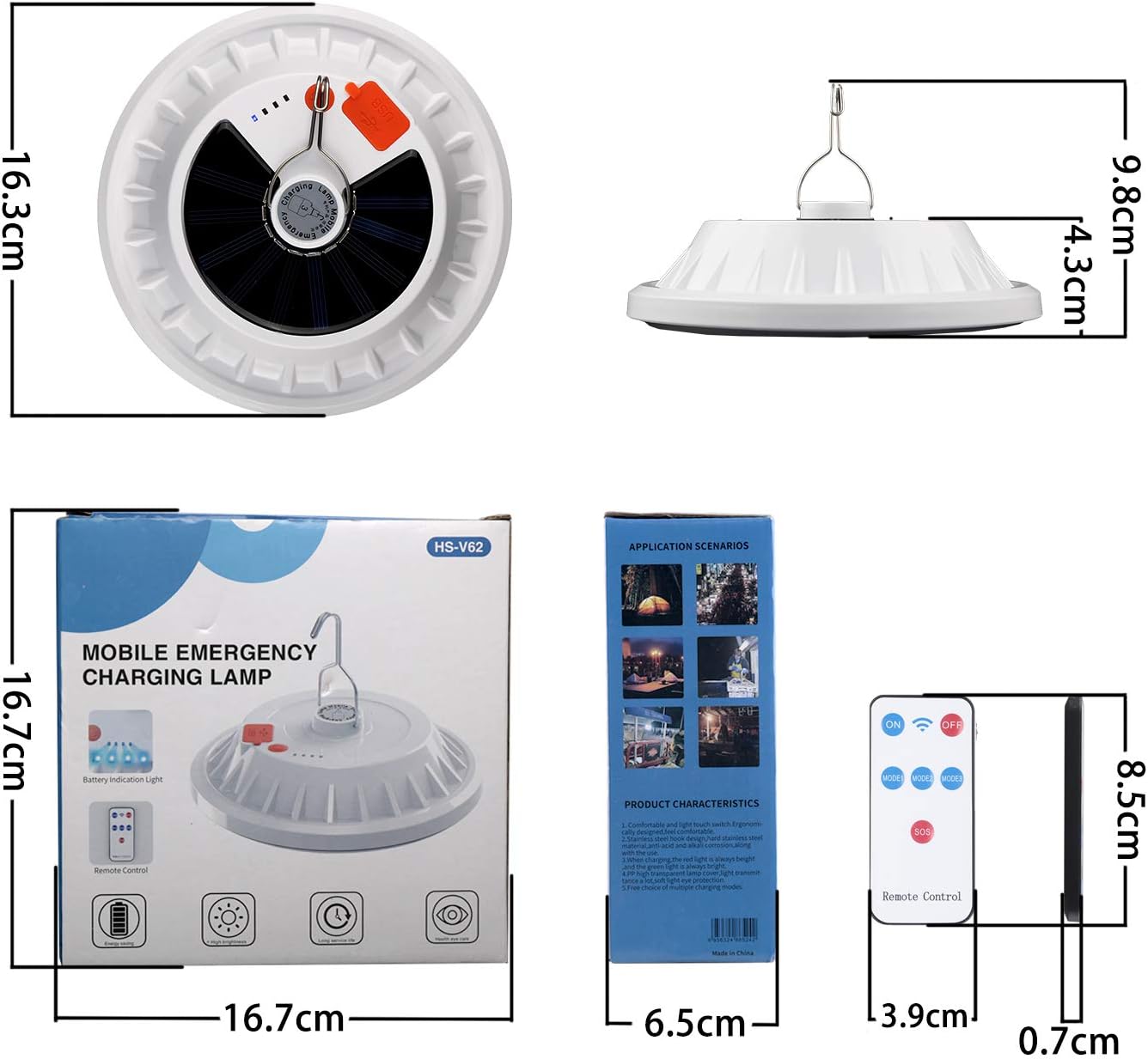 Mobile emergency charging lamp with dimensions, packaging, and remote control displayed.