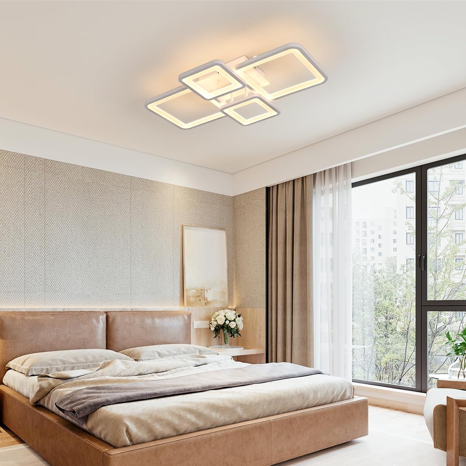 Modern bedroom with a ceiling light fixture, bed, and large window.