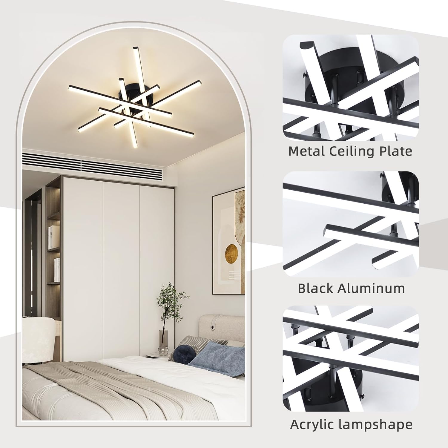 Modern ceiling light fixture in a bedroom with detailed components shown on the right.