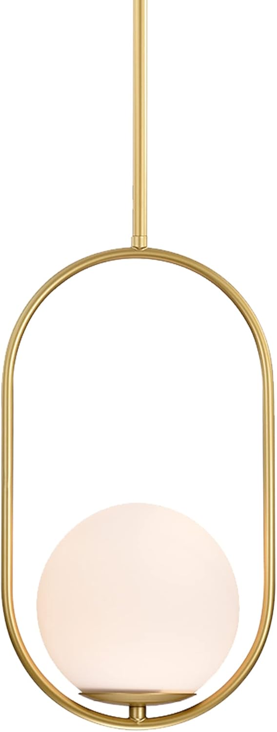 Modern pendant light with gold frame and white glass shade on a white background
