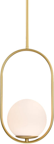 Modern pendant light with gold frame and white glass shade on a white background