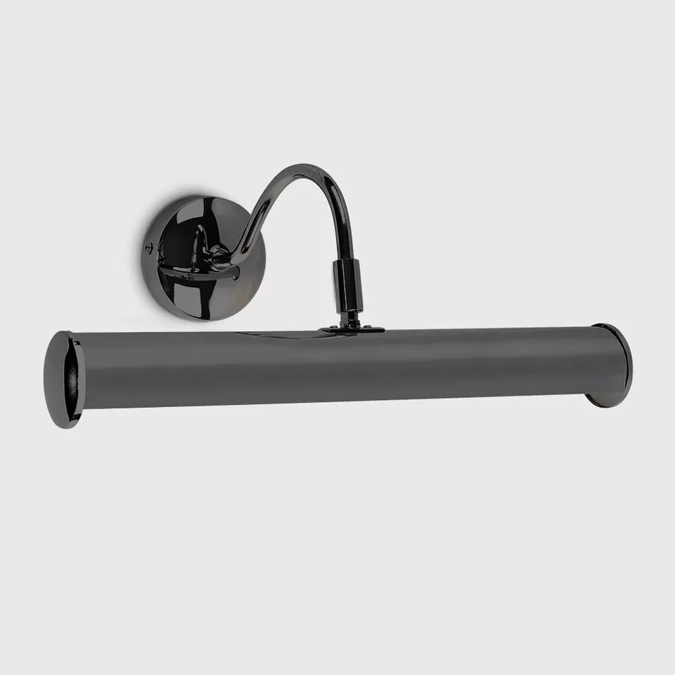 Modern adjustable wall light in satin nickel used for gallery lighting
