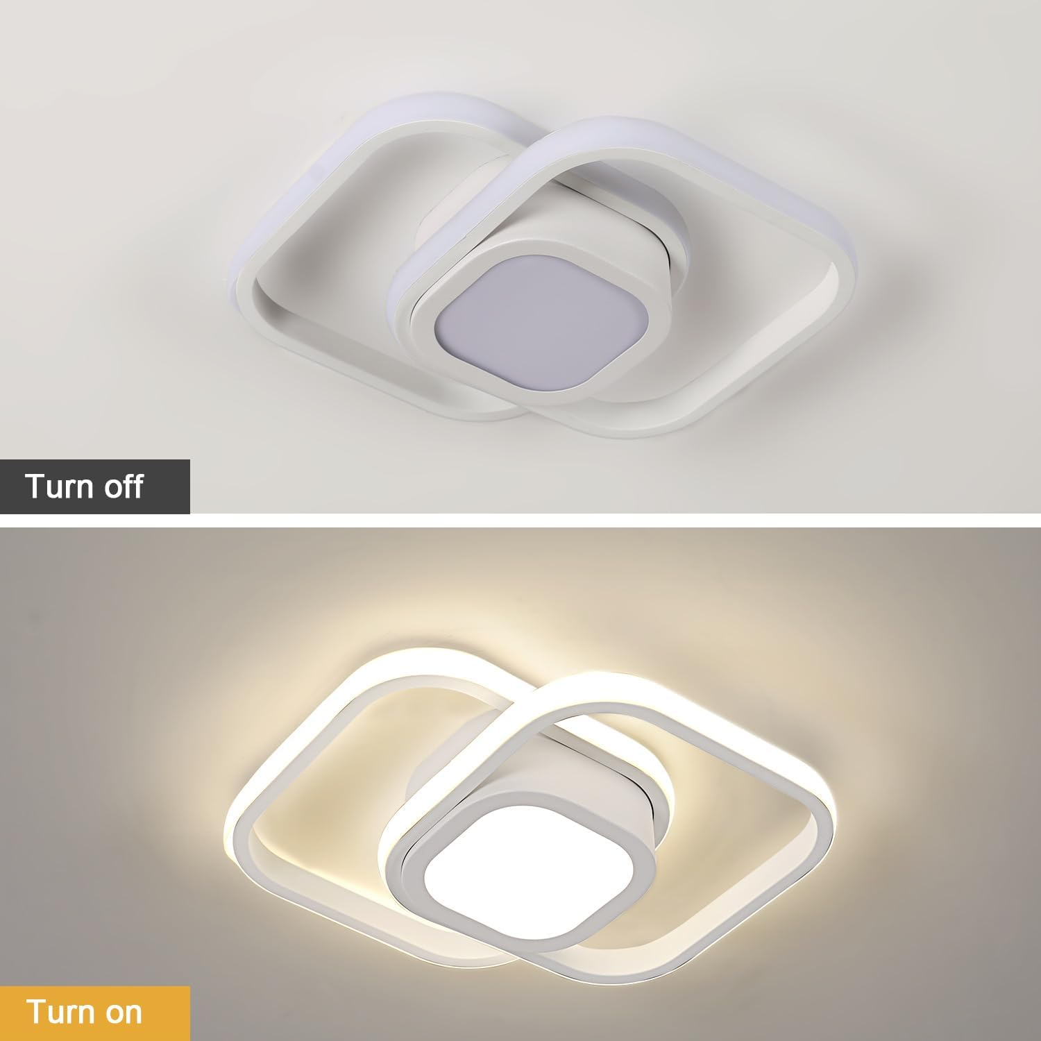 Ceiling light fixture showing 'Turn off' and 'Turn on' states with a white background.