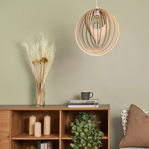 Soft lighting with droplet shape wooden shade
